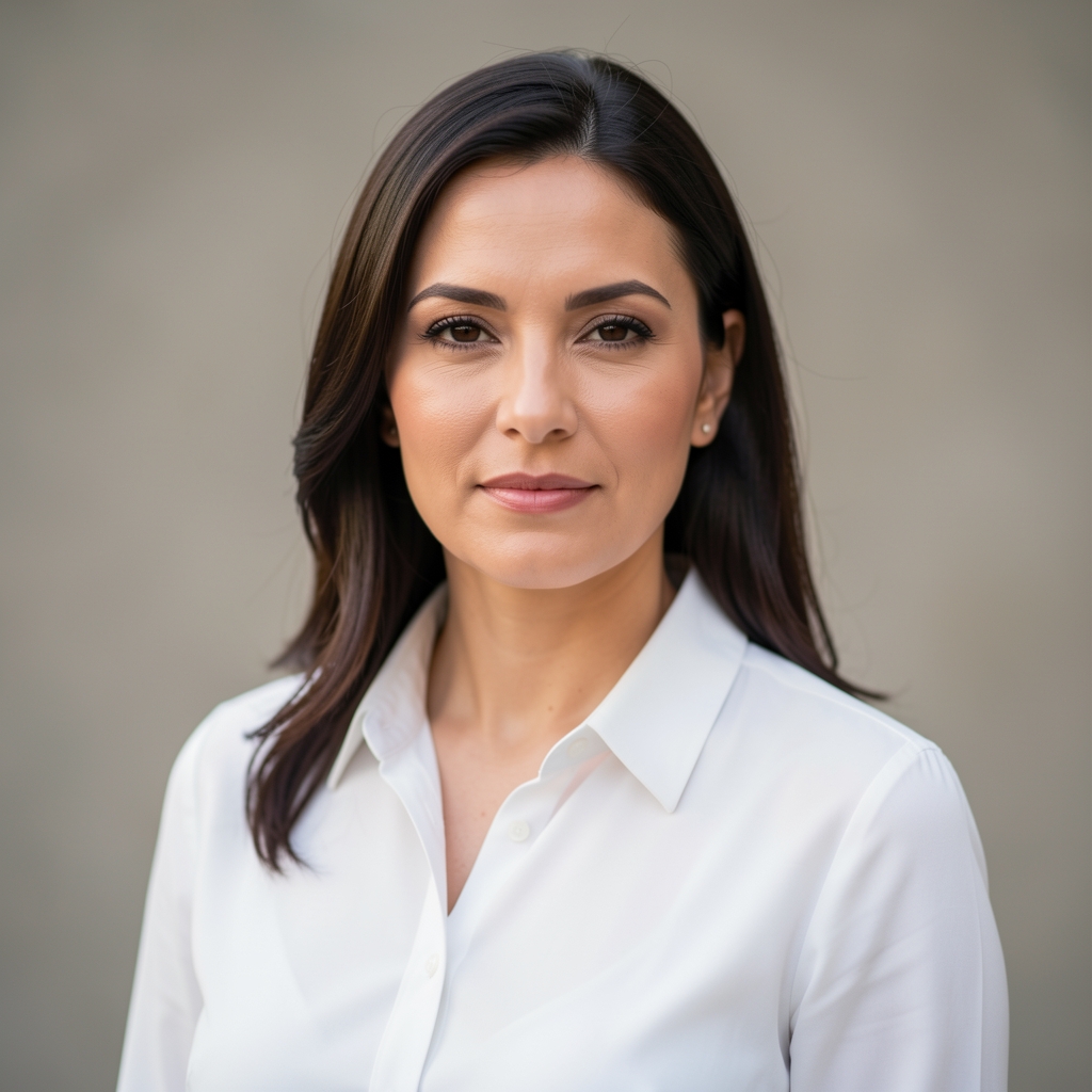 Профессиональный портрет женщины-редактора в деловом стиле, белая блузка, нейтральный фон, уверенный взгляд